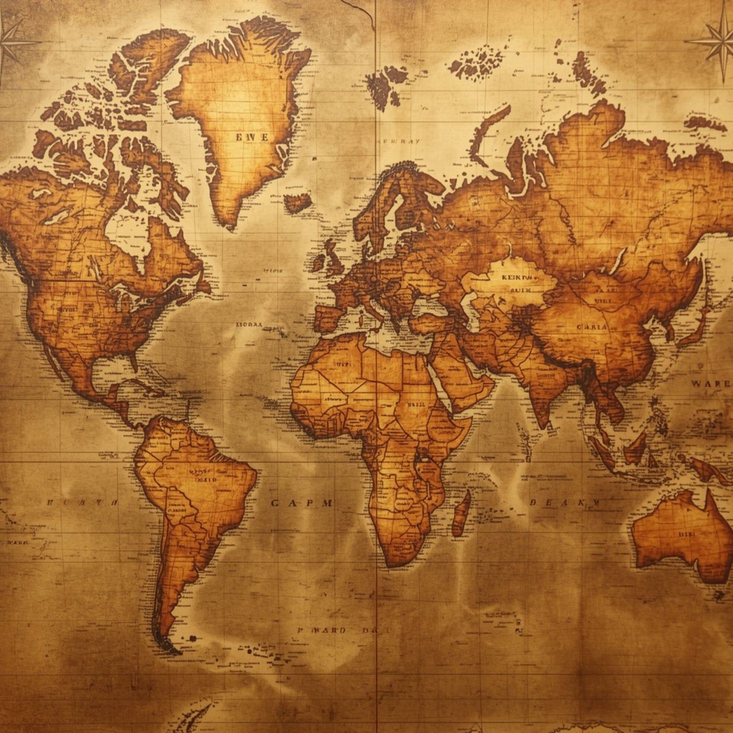 Luxe gouden wereldkaart canvas schilderij met gedetailleerde continenten in rijke gouden en bruine tinten op warme achtergrond — hobbyruimte wanddecoratie
