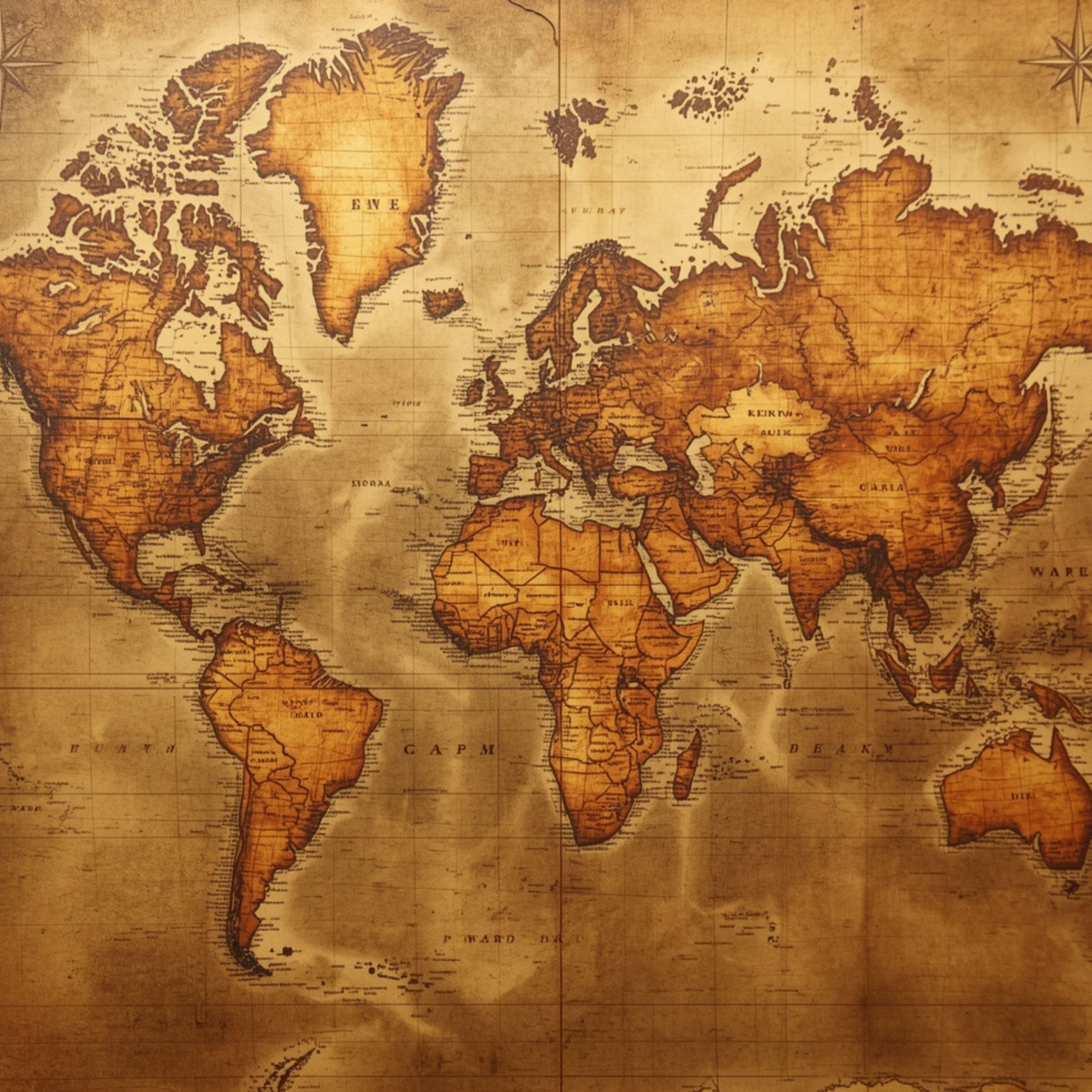 Luxe gouden wereldkaart canvas schilderij met gedetailleerde continenten in rijke gouden en bruine tinten op warme achtergrond — hobbyruimte wanddecoratie
