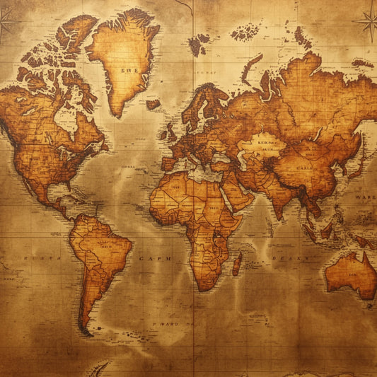 Luxe gouden wereldkaart canvas schilderij met gedetailleerde continenten in rijke gouden en bruine tinten op warme achtergrond — hobbyruimte wanddecoratie
