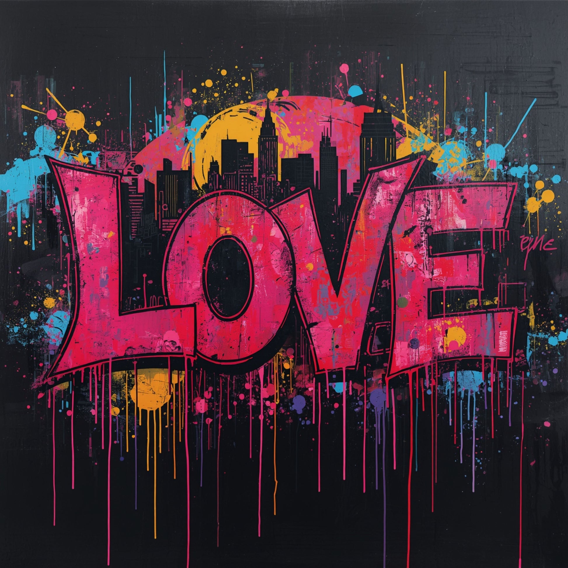 Bold neon roze LOVE graffiti canvas schilderij met druipende verf, kleurrijke spatten en stedelijke skyline op zwarte achtergrond — gang wanddecoratie

