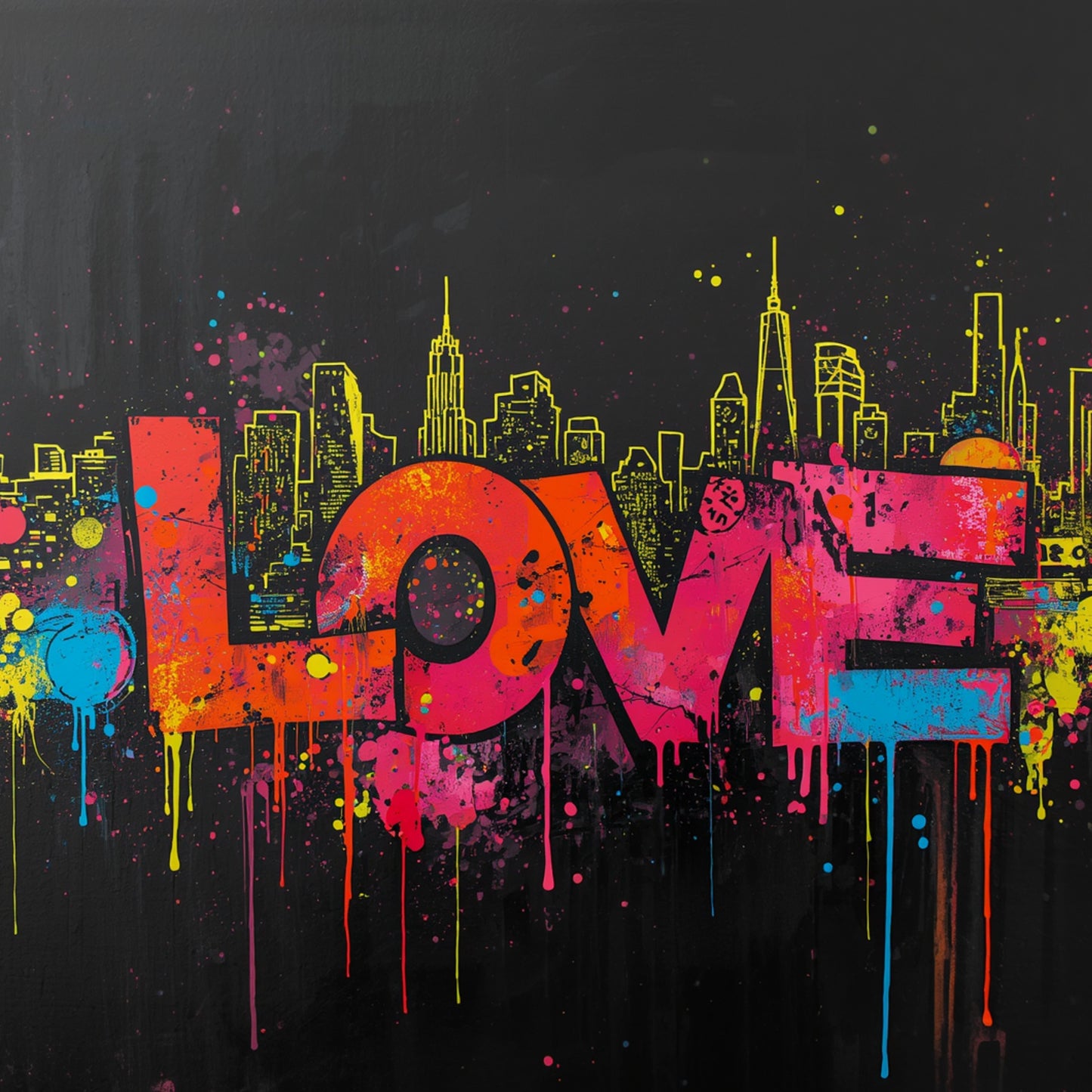 Kleurrijk multicolor LOVE graffiti canvas schilderij met neon gele skyline en druipende verf in rood, roze, geel en groen op zwarte achtergrond — gang wanddecoratie
