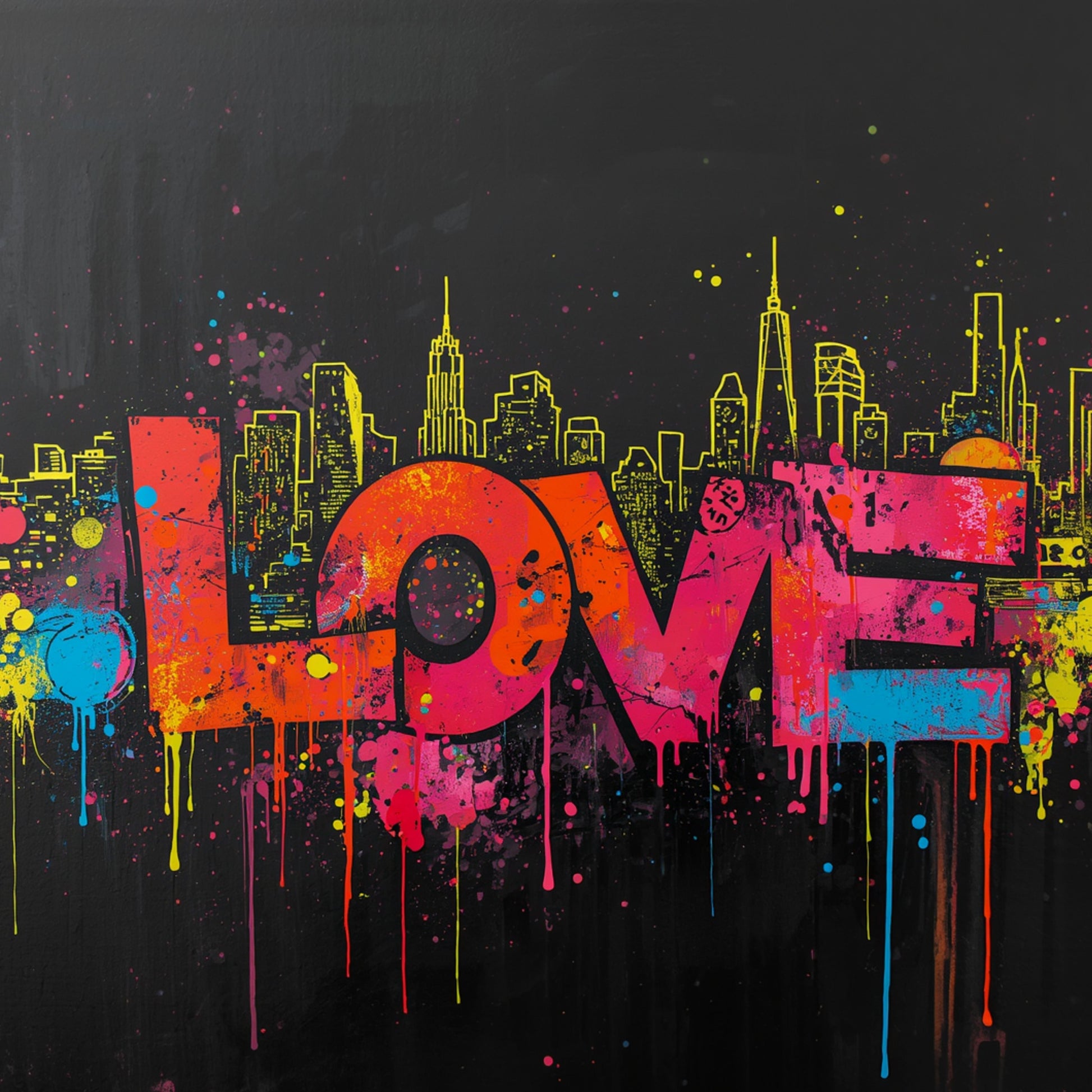 Kleurrijk multicolor LOVE graffiti canvas schilderij met neon gele skyline en druipende verf in rood, roze, geel en groen op zwarte achtergrond — gang wanddecoratie
