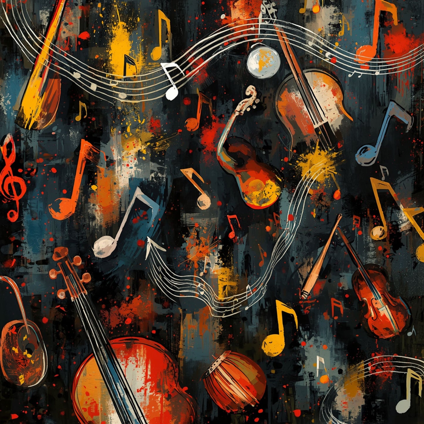 Muziekinstrumenten collage canvas schilderij met violen, muzieknoten en gouden accenten op donkere zwarte achtergrond — hobbyruimte wanddecoratie
