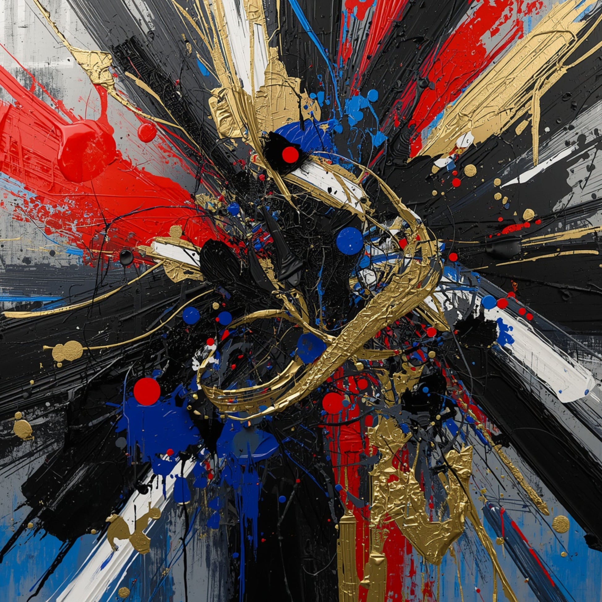 Explosief abstract canvas schilderij met gouden, rode en blauwe verfstreken op zwarte achtergrond — gang wanddecoratie
