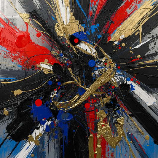 Explosief abstract canvas schilderij met gouden, rode en blauwe verfstreken op zwarte achtergrond — gang wanddecoratie
