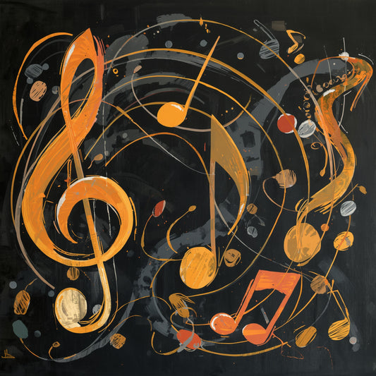 Sfeervol gouden muzieksleutel canvas schilderij met zwevende noten in goud en oranje op zwarte achtergrond voor de hobbyruimte. Nu online kopen. Snel geleverd. Bestel nu!
