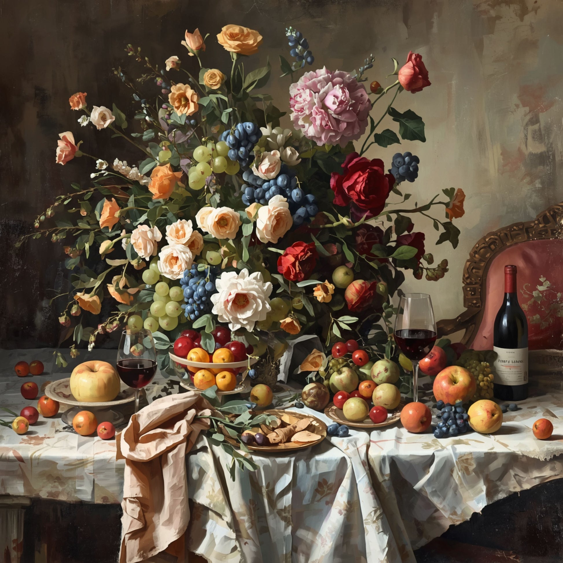 Klassiek bloemstilleven canvas schilderij met weelderig boeket rozen en bloemen, rijp fruit en wijnfles op gedekte tafel — eetkamer wanddecoratie Hollandse meesters stijl
