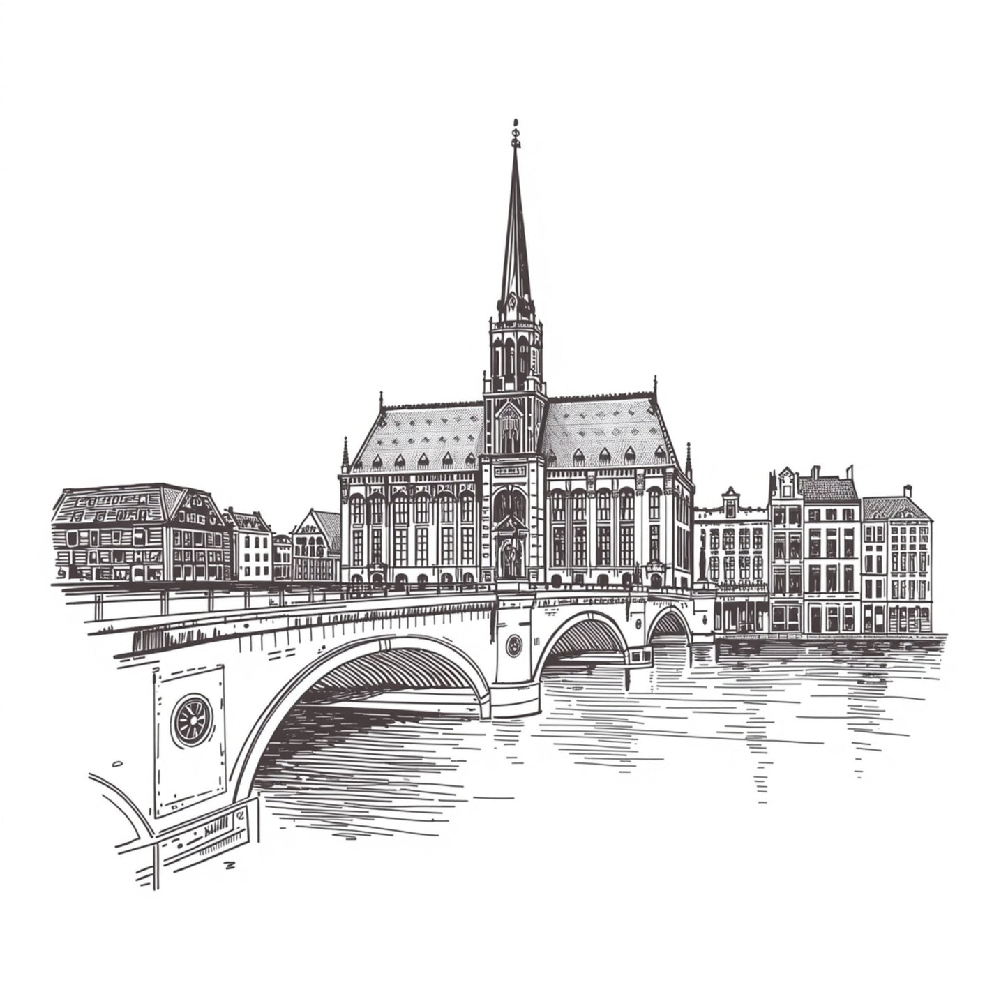 Gedetailleerde schets canvas schilderij van historische gotische kathedraal met stenen brug en rivier op witte achtergrond — hal wanddecoratie
