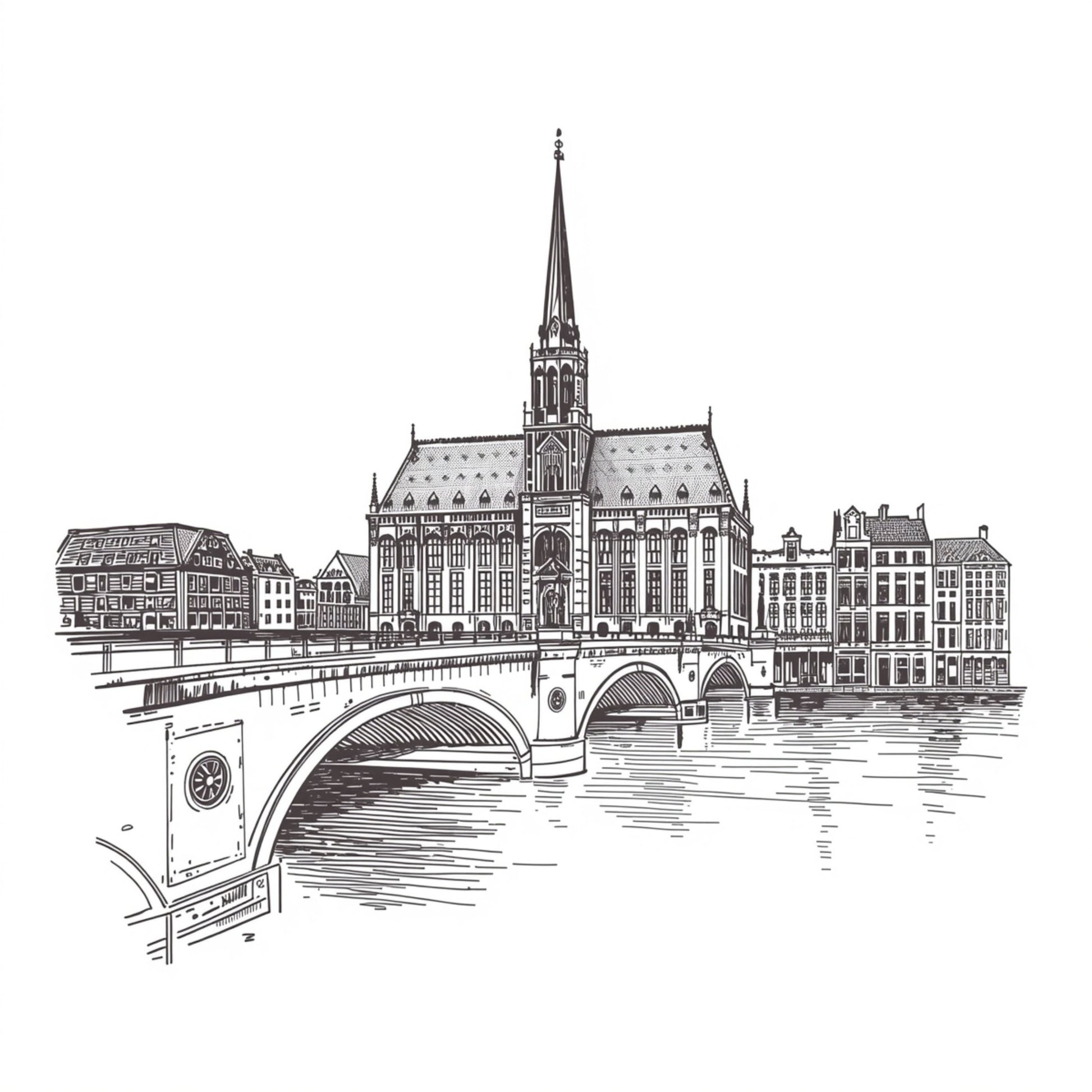 Gedetailleerde schets canvas schilderij van historische gotische kathedraal met stenen brug en rivier op witte achtergrond — hal wanddecoratie
