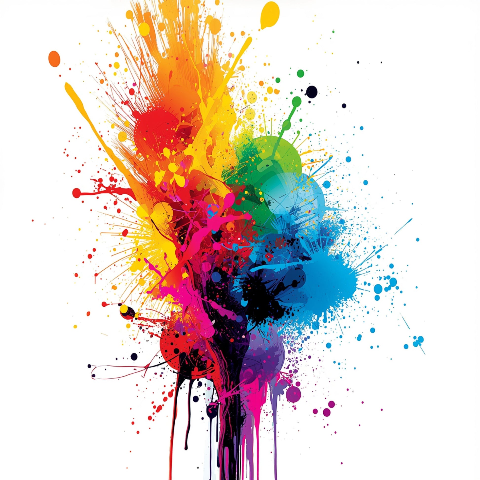 Regenboog verfdruppel canvas schilderij met kleurrijke spatten in roze, blauw, geel, groen en oranje die neervallen op witte achtergrond — hobbyruimte wanddecoratie
