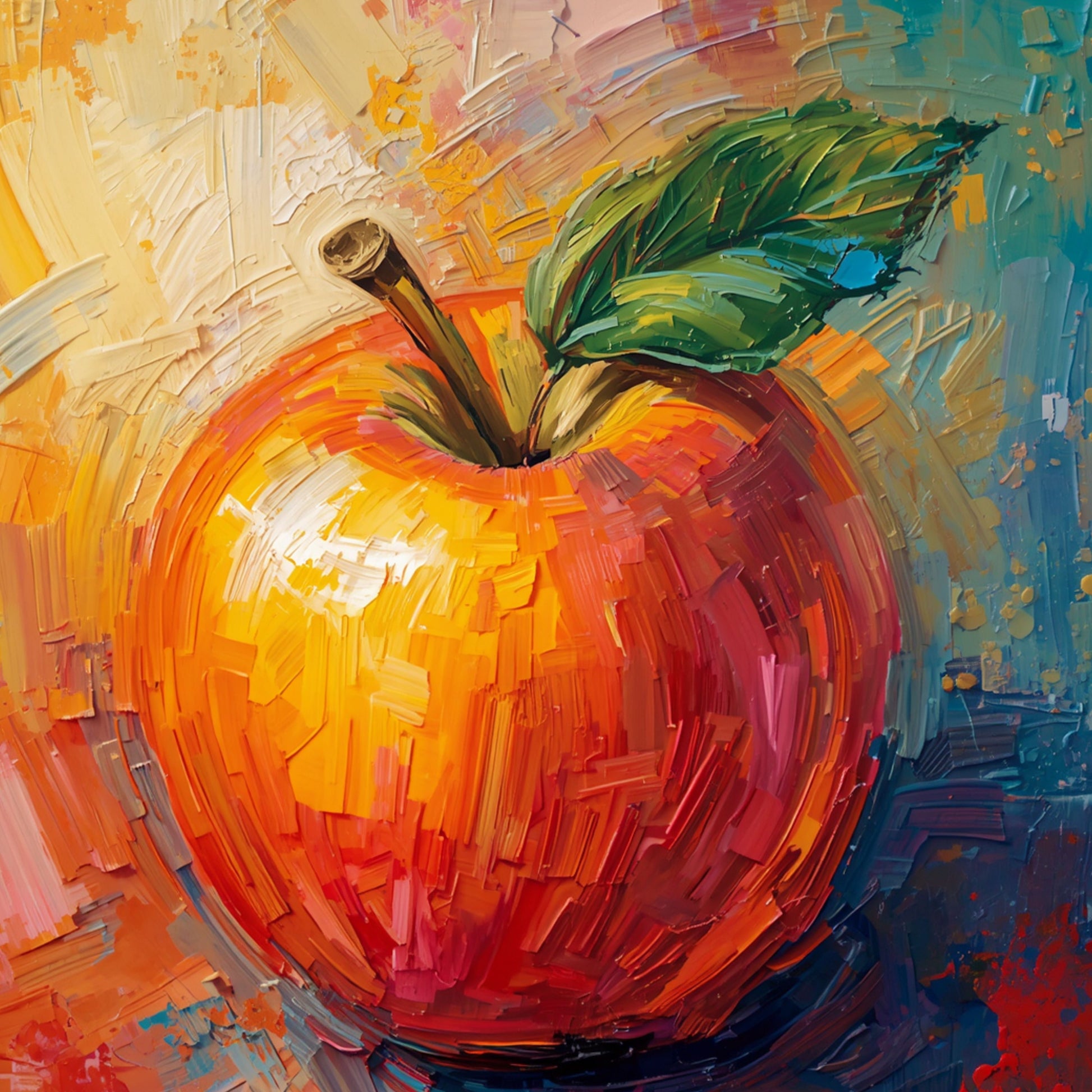 Expressionistisch appel canvas schilderij met grote oranje-rode appel en groene bladeren in dikke penseelstreken op kleurrijke achtergrond – eetkamer wanddecoratie
