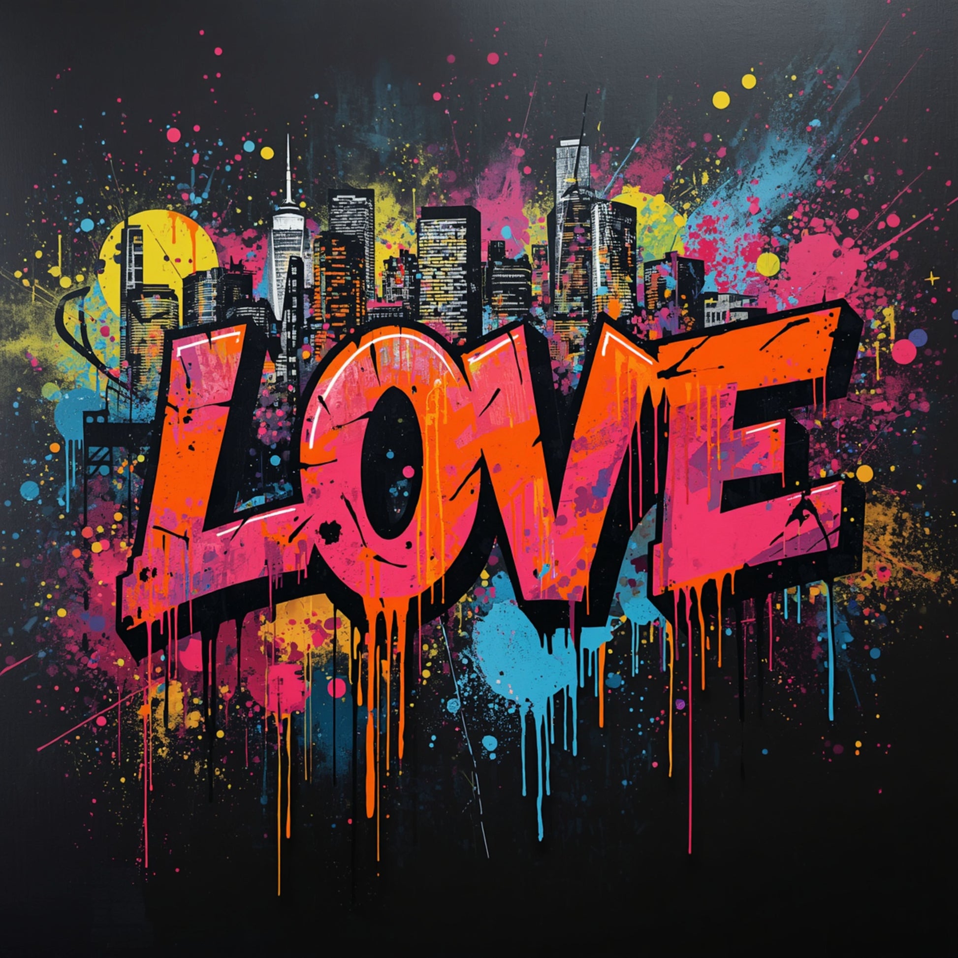 Warm oranje roze LOVE graffiti canvas schilderij met kleurrijke stedelijke skyline en druipende verfstrepen op zwarte achtergrond — gang wanddecoratie
