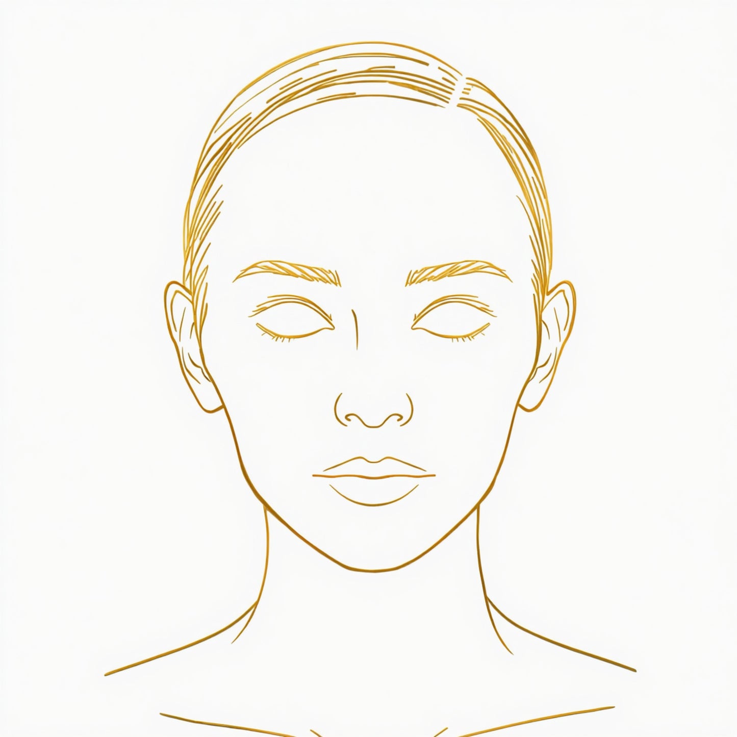 Minimalistisch gouden gezichtsportret canvas schilderij met zachte lijnen, gesloten ogen en gouden wenkbrauwen op witte achtergrond — hal wanddecoratie
