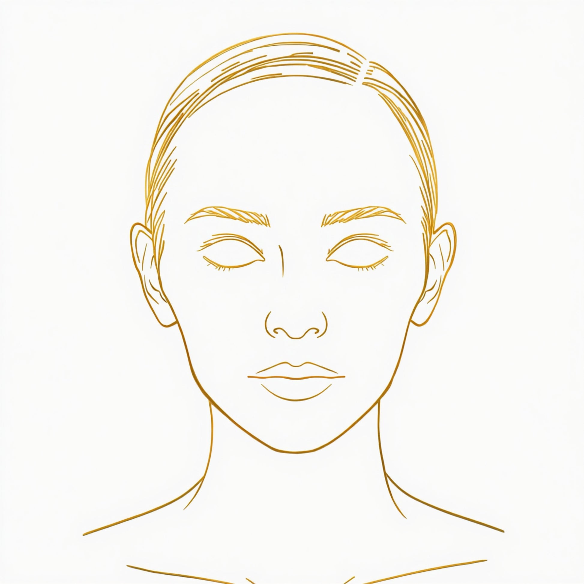 Minimalistisch gouden gezichtsportret canvas schilderij met zachte lijnen, gesloten ogen en gouden wenkbrauwen op witte achtergrond — hal wanddecoratie
