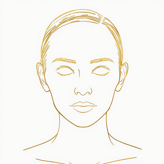 Minimalistisch gouden gezichtsportret canvas schilderij met zachte lijnen, gesloten ogen en gouden wenkbrauwen op witte achtergrond — hal wanddecoratie

