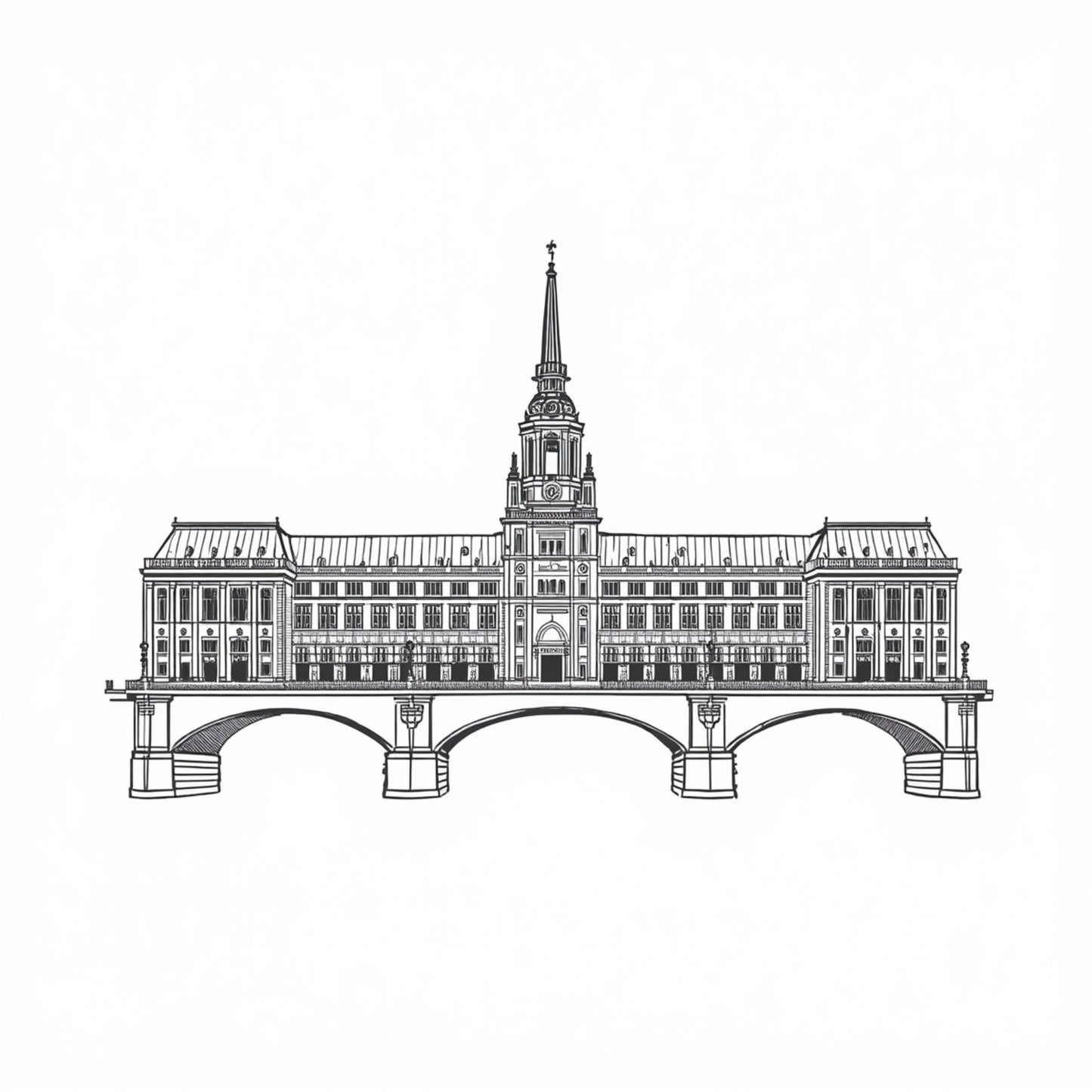 Klassiek stadhuis architectuur canvas schilderij met gedetailleerde zwart-wit lijntekening van historisch gebouw met toren en brug — hal wanddecoratie
