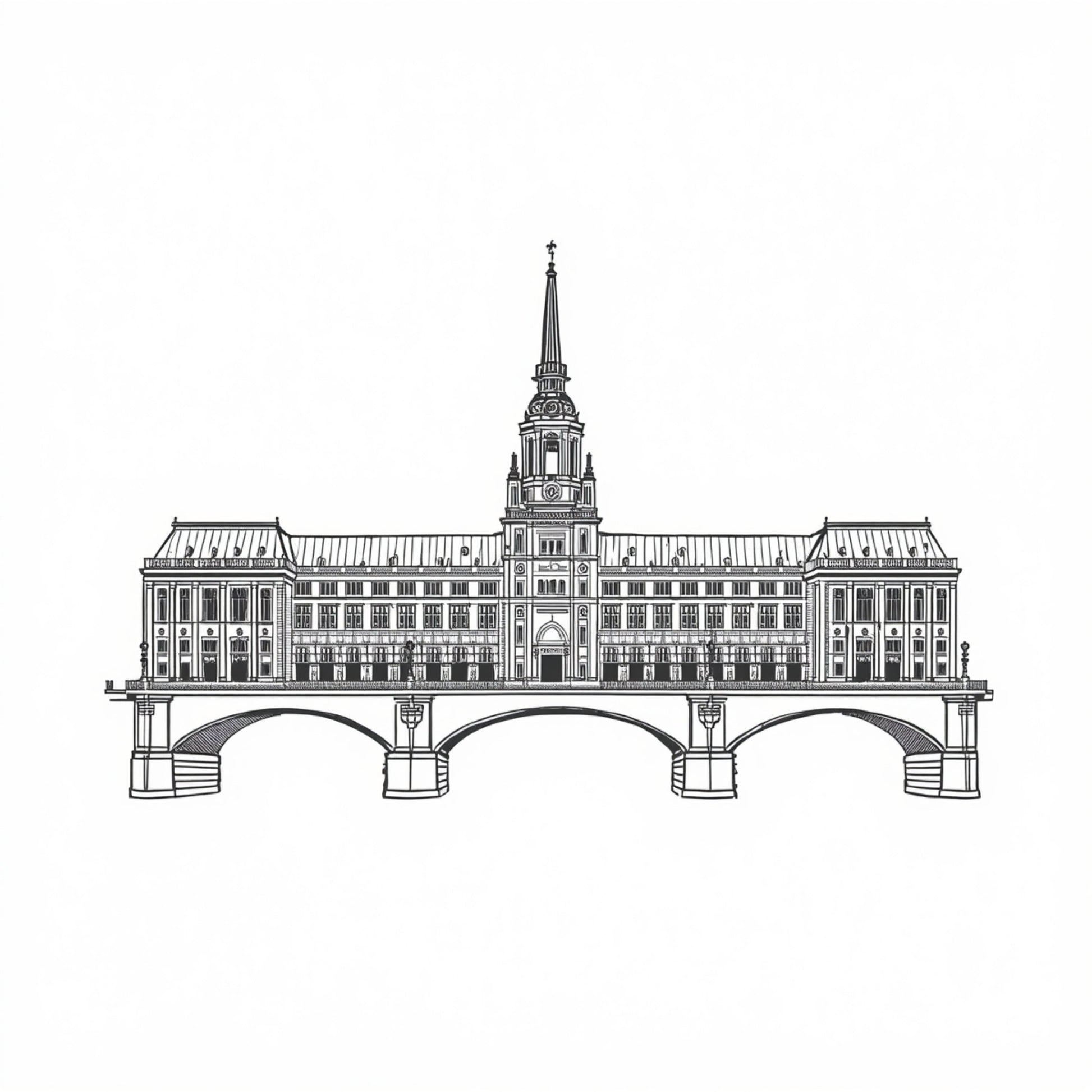 Klassiek stadhuis architectuur canvas schilderij met gedetailleerde zwart-wit lijntekening van historisch gebouw met toren en brug — hal wanddecoratie
