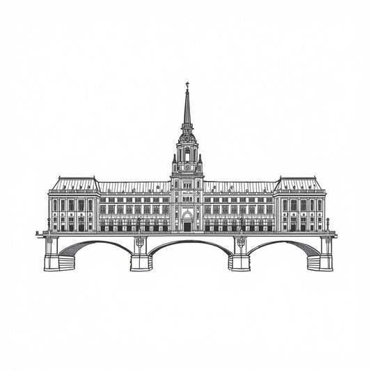 Klassiek stadhuis architectuur canvas schilderij met gedetailleerde zwart-wit lijntekening van historisch gebouw met toren en brug — hal wanddecoratie
