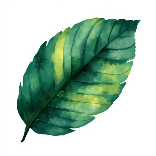 Tropisch blad schilderij met groot weelderig groen tropisch blad met gele accenten op witte achtergrond – botanisch aquarel wall art print
