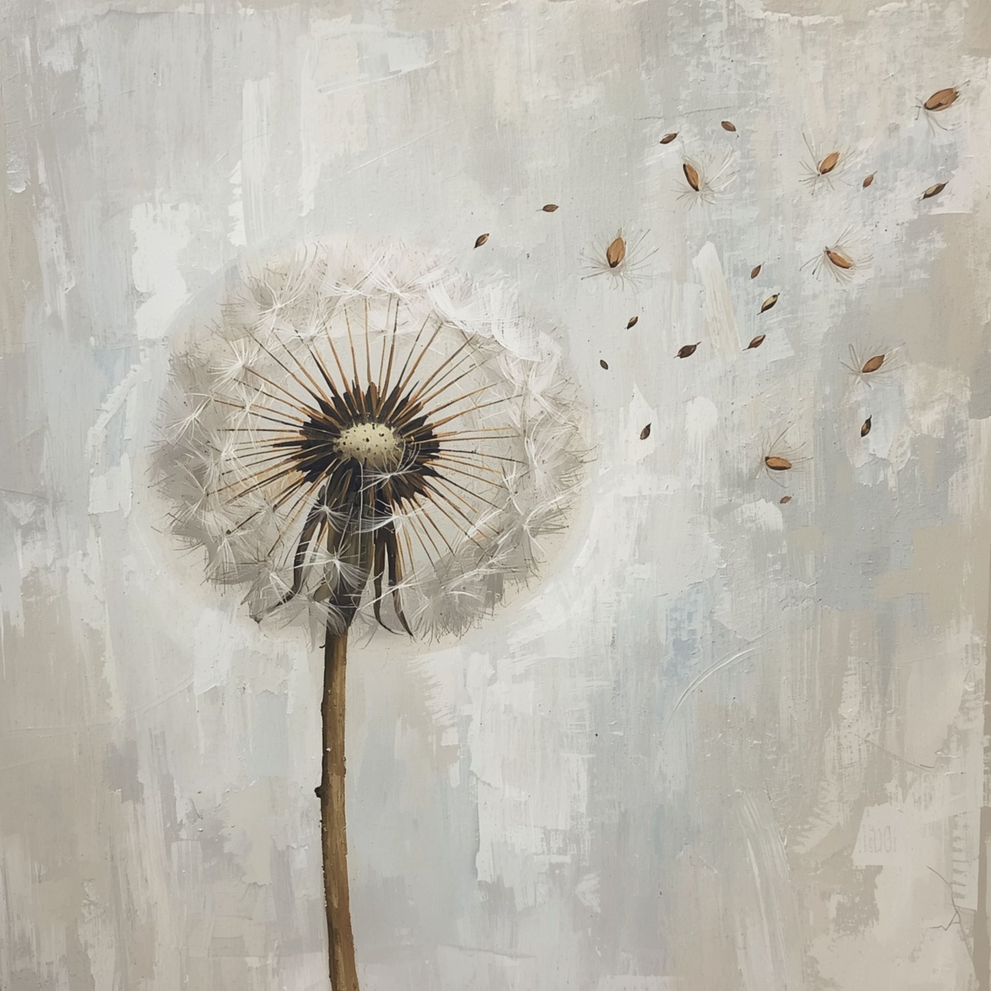 Paardenbloem schilderij met sierlijke paardenbloem op bruine steel met wegwaaiende zaadjes en losse zaadhulsjes op zachte grijsbeige geschilderde achtergrond met subtiele penseelstreken – sfeervol olieverf wall art print
