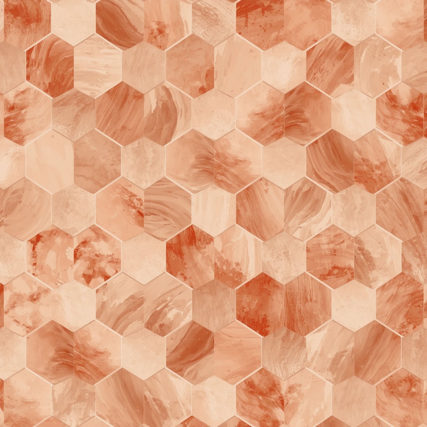 Geometrisch hexagon schilderij met herhalend patroon van zeshoeken in warme perzik terracotta en crème tinten met marmeren swirl textuur in elk vlak – abstract wall art print
