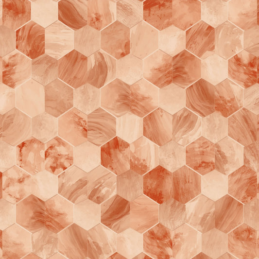 Geometrisch hexagon schilderij met herhalend patroon van zeshoeken in warme perzik terracotta en crème tinten met marmeren swirl textuur in elk vlak – abstract wall art print
