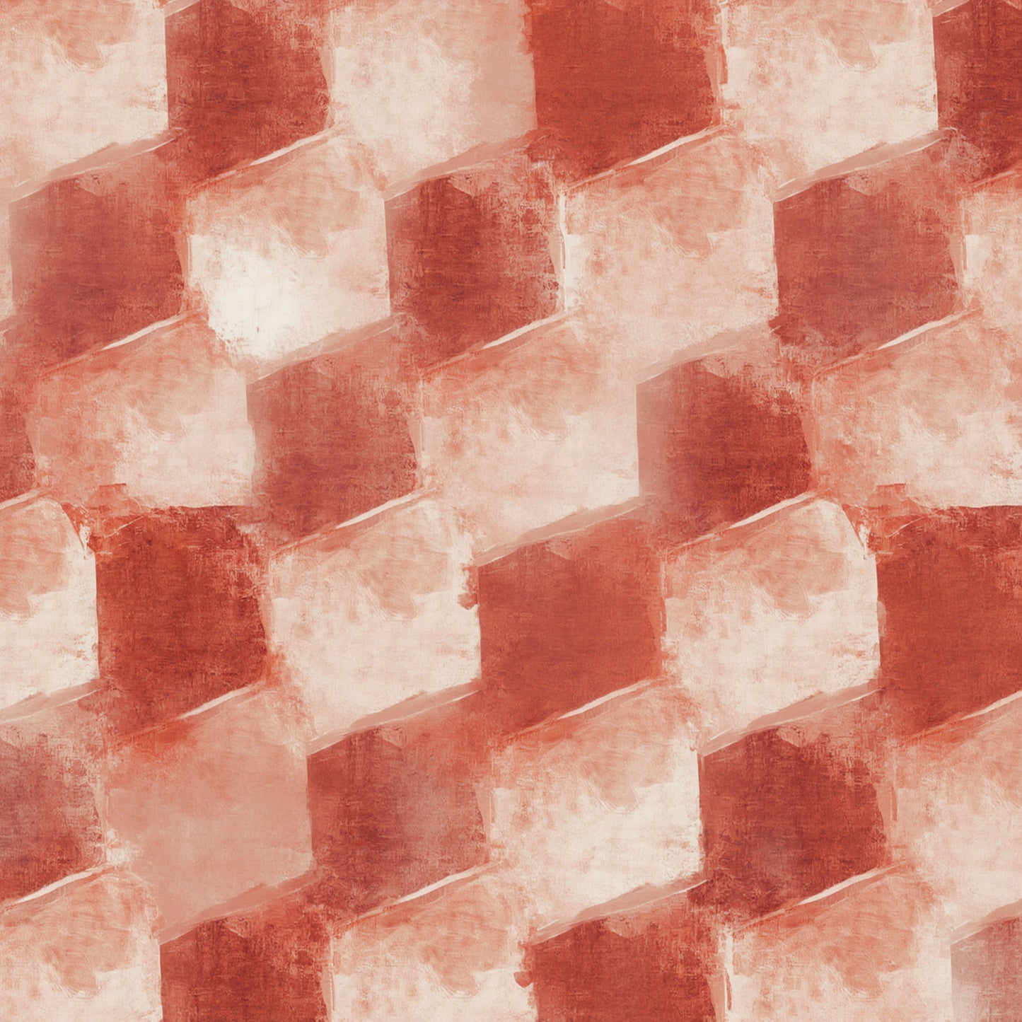 Geometrisch blokpatroon schilderij met diagonaal herhalend patroon van blokken in warme terracotta roest en crème tinten met aquarel textuur en subtiele driedimensionale schaduwwerking – abstract wall art print
