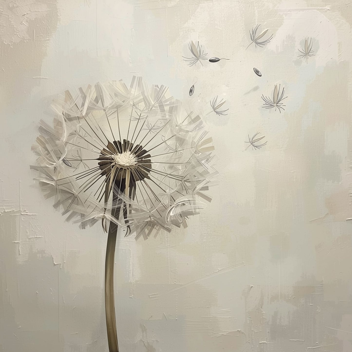 Paardenbloem schilderij met grote gedetailleerde paardenbloem op slanke steel met wegwaaiende zaadjes op zachte crème beige geschilderde achtergrond met subtiele penseelstreken en textuur – minimalistisch olieverf wall art print
