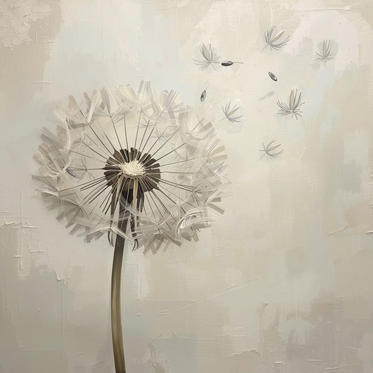 Paardenbloem schilderij met grote gedetailleerde paardenbloem op slanke steel met wegwaaiende zaadjes op zachte crème beige geschilderde achtergrond met subtiele penseelstreken en textuur – minimalistisch olieverf wall art print
