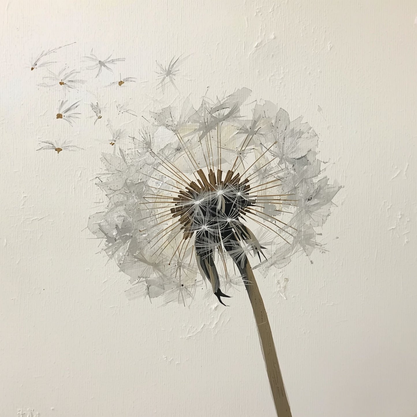 Paardenbloem close-up schilderij met grote paardenbloem met transparante witte zaadpluimen, fijne sierlijke stelen en wegwaaiende zaadjes op zachte witte gestructureerde achtergrond met subtiele penseelstreken – gedetailleerd olieverf wall art print
