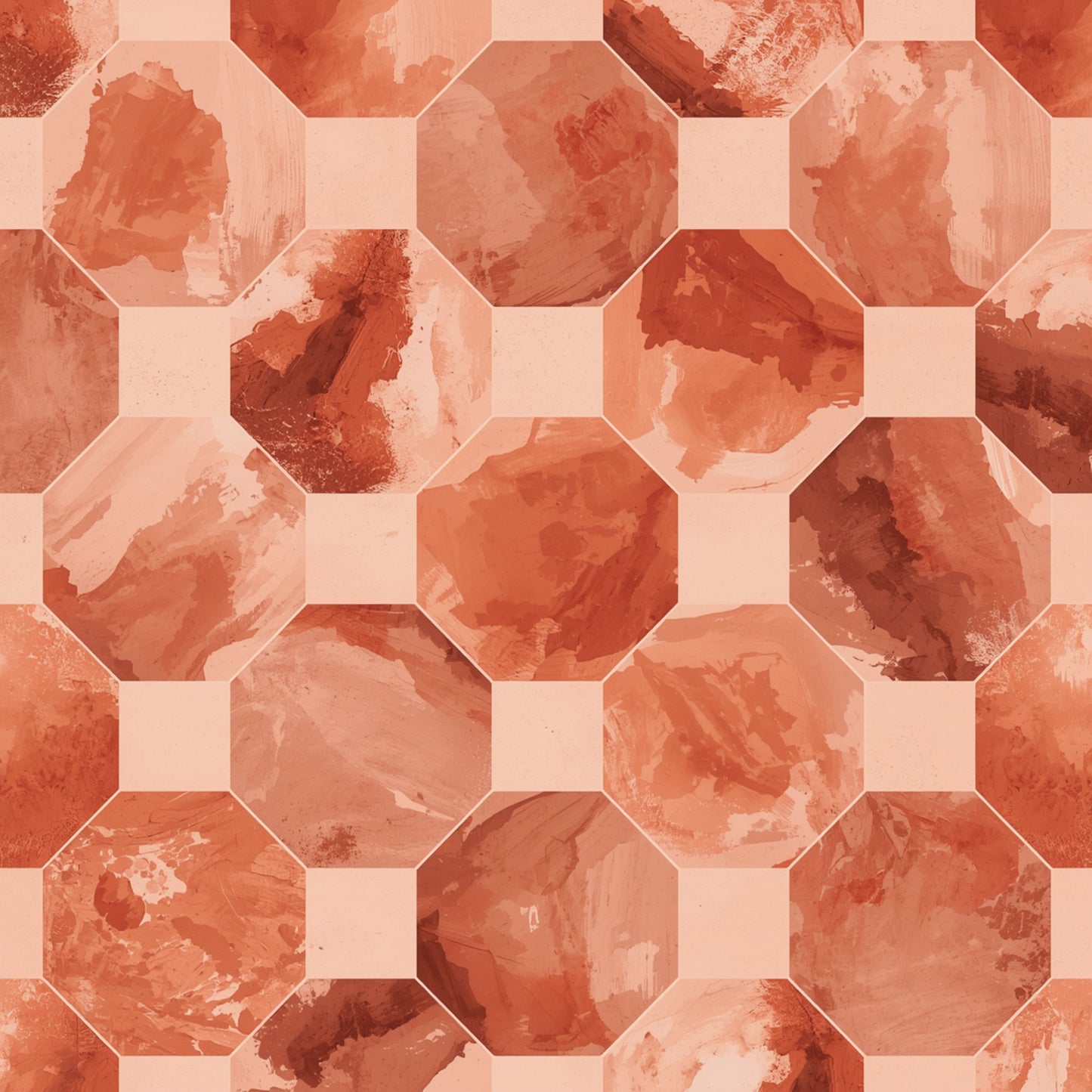 Geometrisch octagon schilderij met herhalend patroon van achthoeken in warme terracotta roest en perzik tinten met crème tussenruimtes – aquarel wall art print

