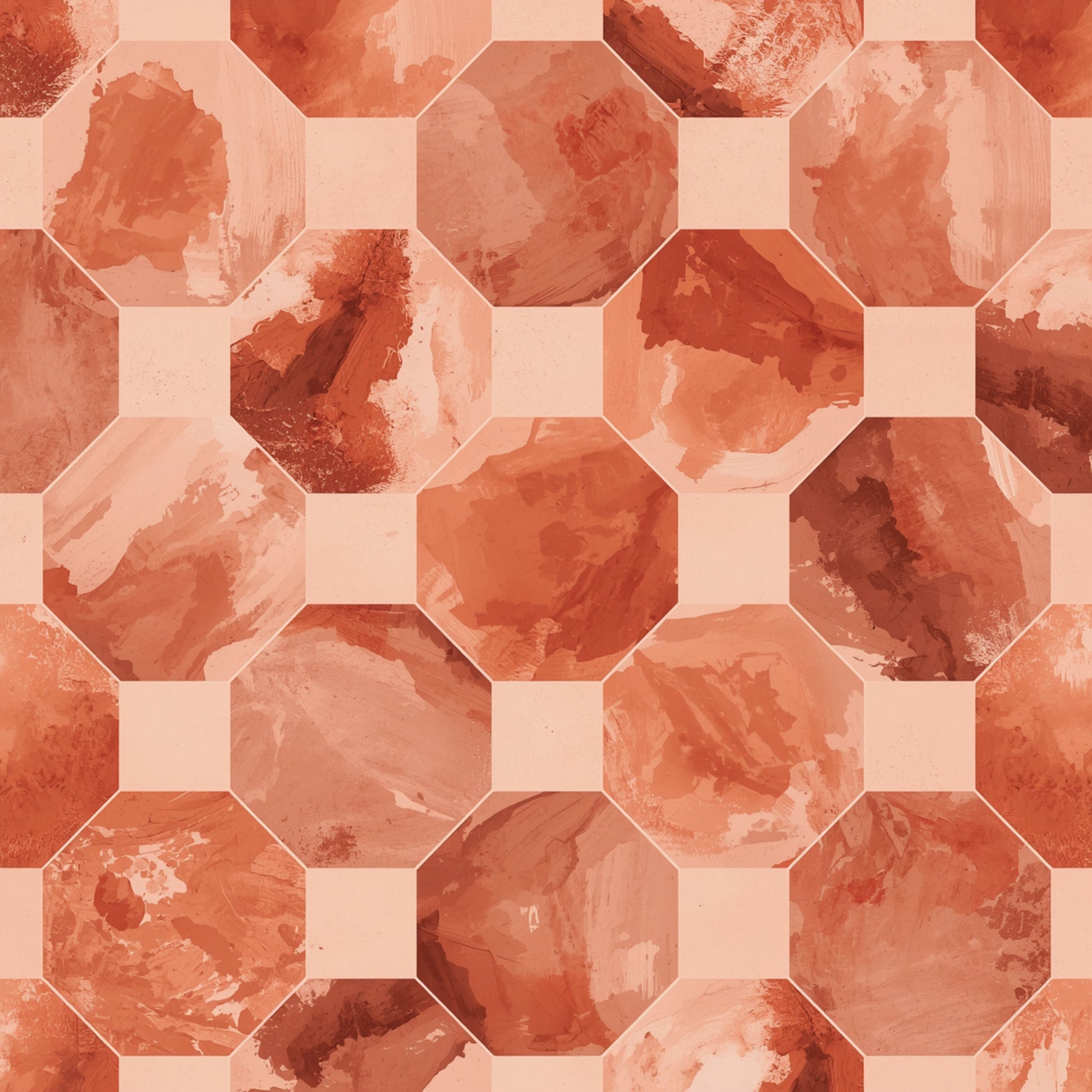 Geometrisch octagon schilderij met herhalend patroon van achthoeken in warme terracotta roest en perzik tinten met crème tussenruimtes – aquarel wall art print
