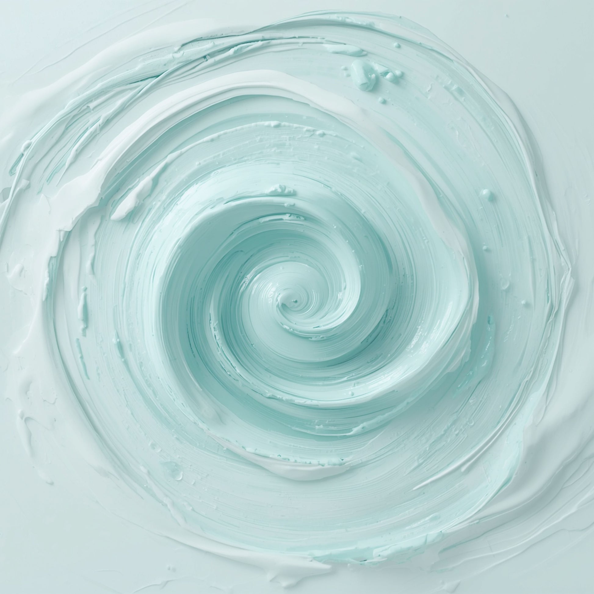 Abstract swirl schilderij met grote vloeiende spiraalvorm in zachte mint aqua en witte tinten met zichtbare penseelstreken op lichte achtergrond – abstract olieverf wall art print
