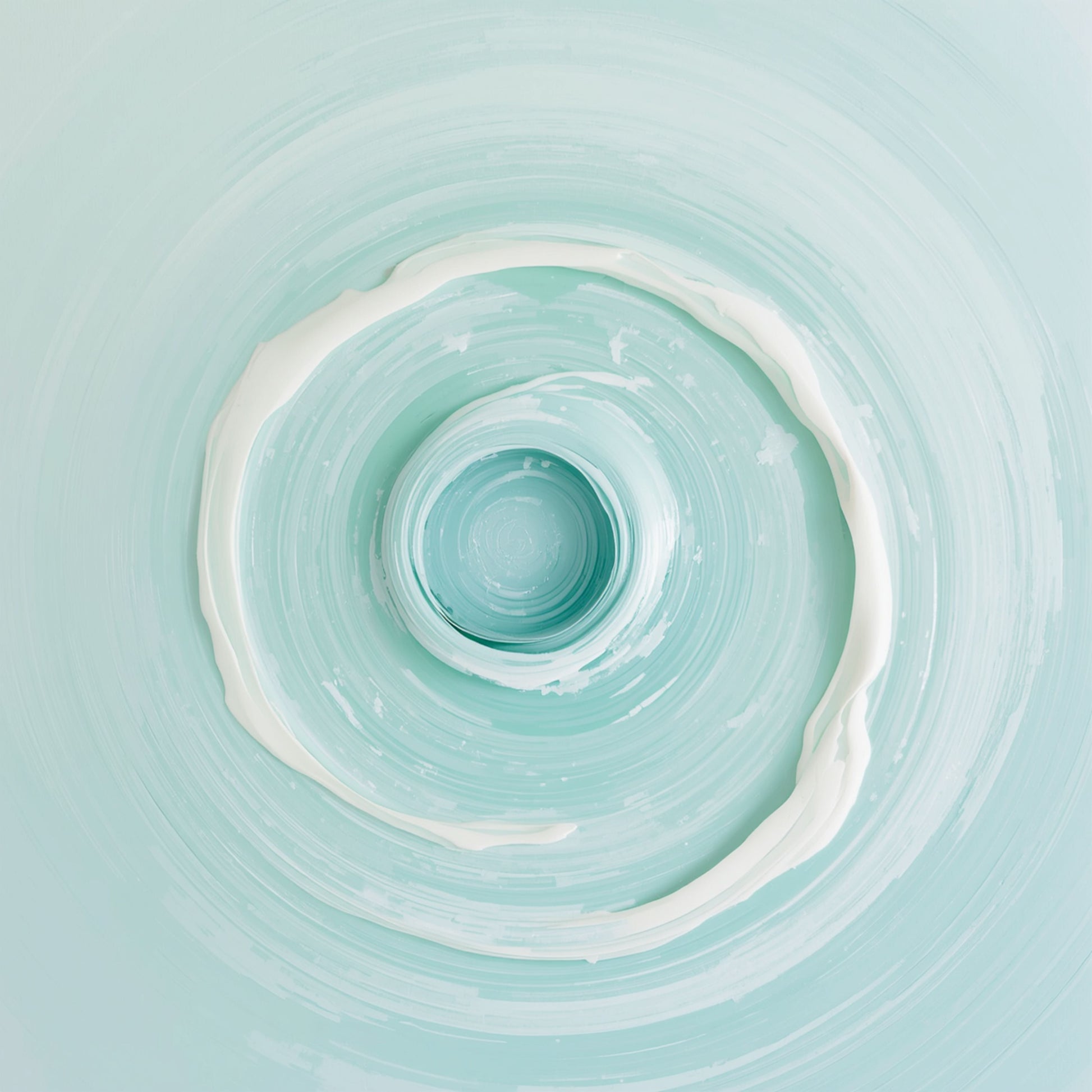 Abstract cirkel schilderij met grote vloeiende cirkel in zachte mint en aqua tinten met witte crème rand en diep turquoise middelpunt op lichte mintgroene achtergrond – abstract olieverf wall art print
