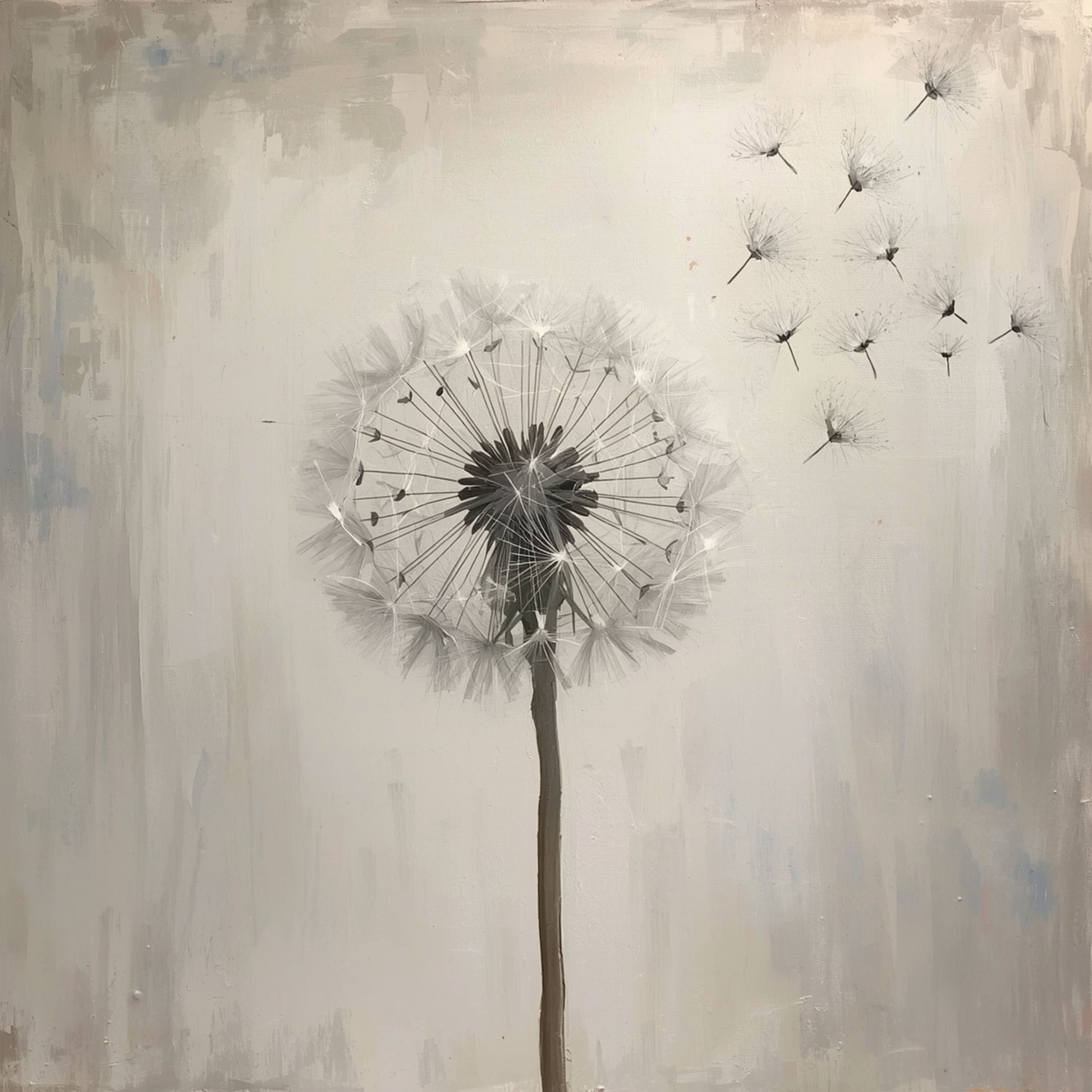 Paardenbloem schilderij met sierlijke paardenbloem op slanke steel met wegwaaiende zaadjes op zachte grijsbeige geschilderde achtergrond – sfeervol olieverf wall art print
