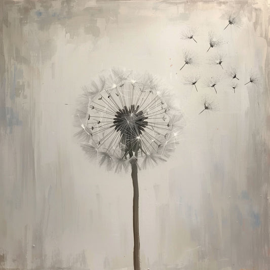 Paardenbloem schilderij met sierlijke paardenbloem op slanke steel met wegwaaiende zaadjes op zachte grijsbeige geschilderde achtergrond – sfeervol olieverf wall art print
