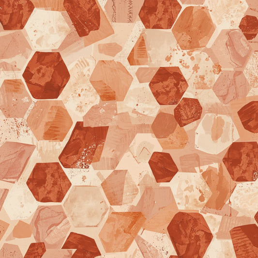 Geometrisch hexagon schilderij met herhalend patroon van zeshoeken in warme terracotta roest perzik en crème tinten met geschilderde textuur en subtiele verfspetters – abstract wall art print
