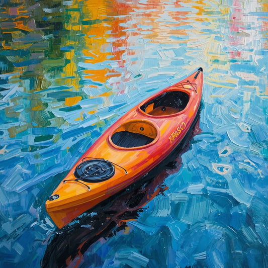 Canvas schilderij van een felgekleurde kayak op spiegelend water met kleurrijke reflecties. Premium print, snel geleverd.
