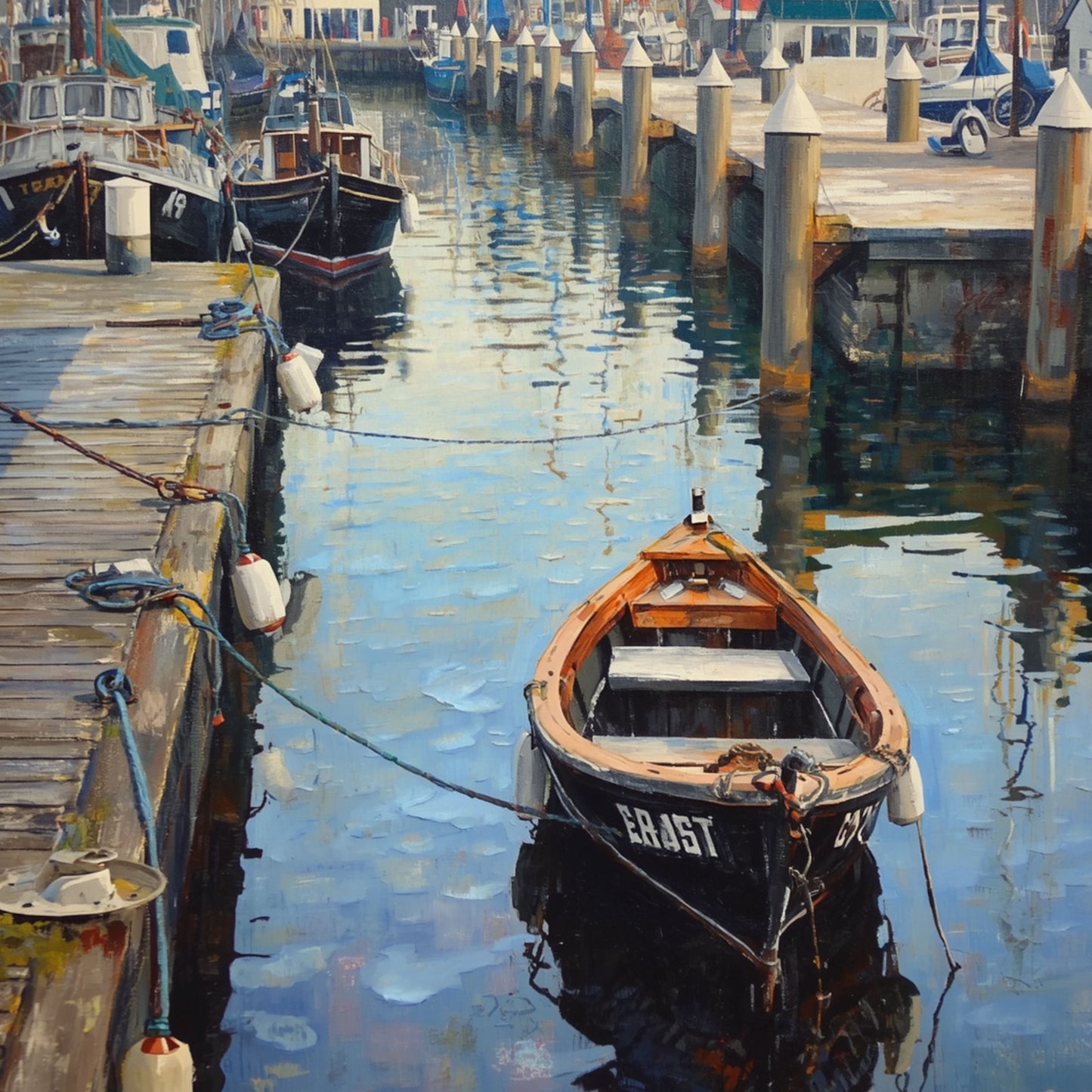 Schilderij van een houten roeiboot op stil water aan een houten steiger in Groningen, rustige havensfeer in blauwe tinten – olieverf wall art print

