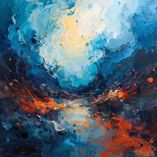 Abstract schilderij met explosie van diepblauwe en gouden tinten waar hemel en aarde botsen in een dramatische kosmische dans – wall art print
