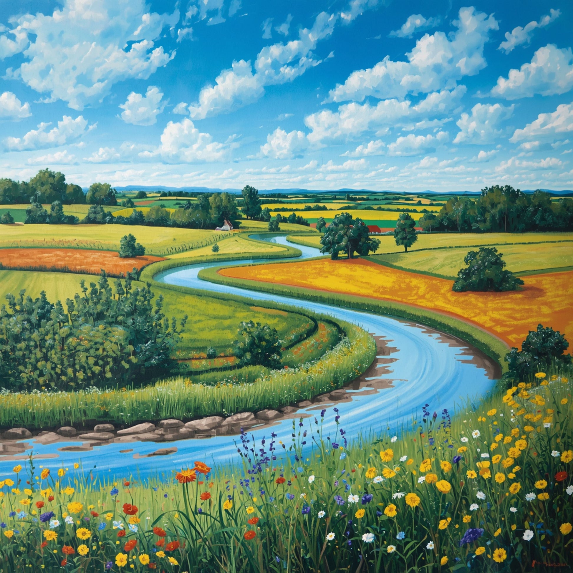 Schilderij van een slingerende beek door weids Hollands landschap met gele en groene weiden, wilde bloemen op de voorgrond en blauwe wolkenlucht – natuur wall art print

