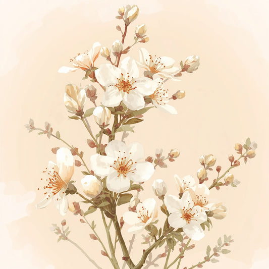 Schilderij van sierlijke witte bloesemtak op warme beige achtergrond in Japanse inktstijl – minimalistisch bloemen wall art print
