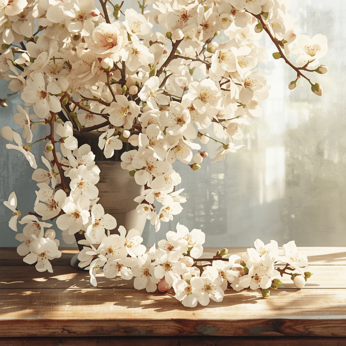 Bloemen Schilderij – Witte Kersenbloesem in Zacht Tegenlicht