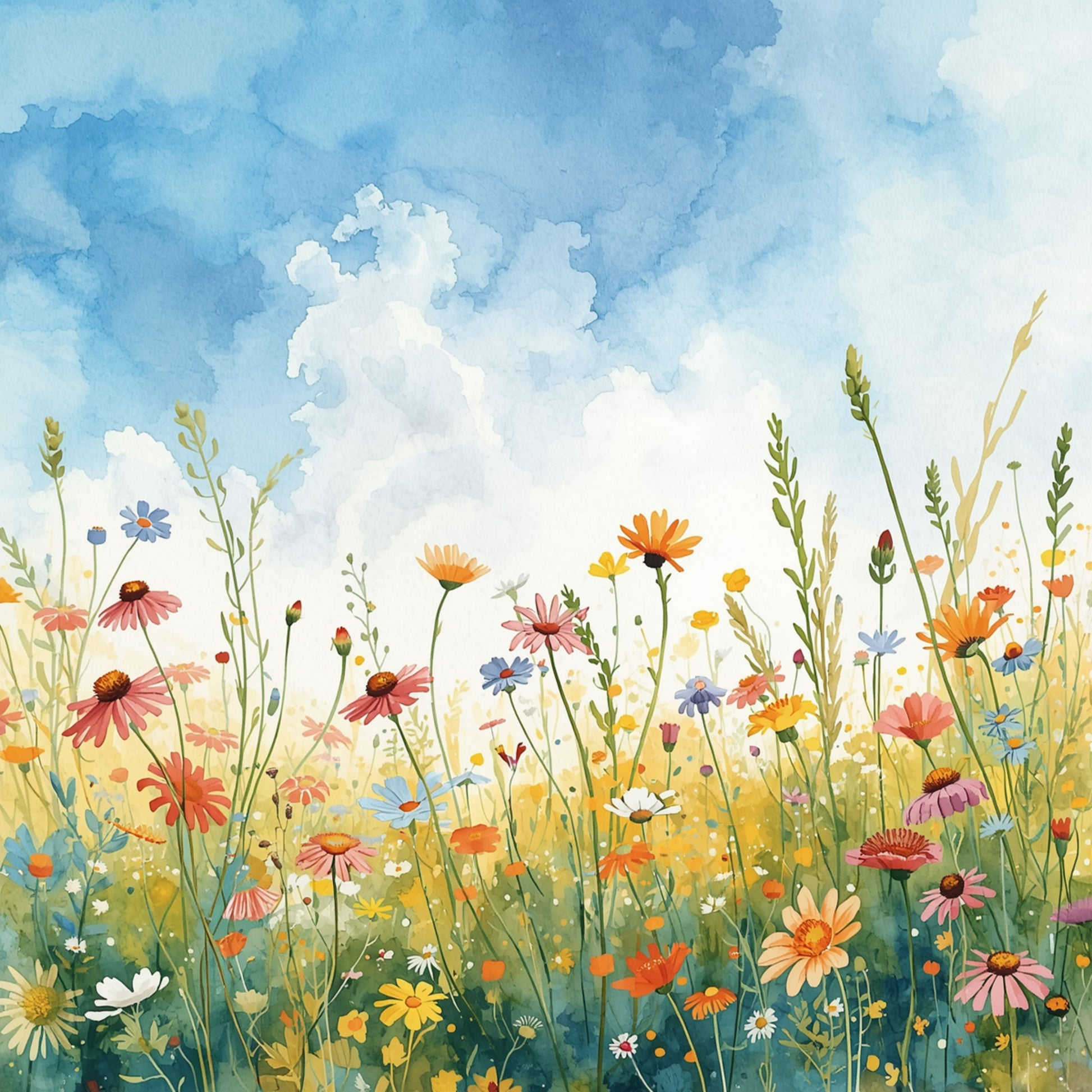 Aquarel schilderij van eindeloos zomers bloemenveld met wilde bloemen in roze, oranje, geel en wit onder lichtblauwe lucht – bloemen wall art print
