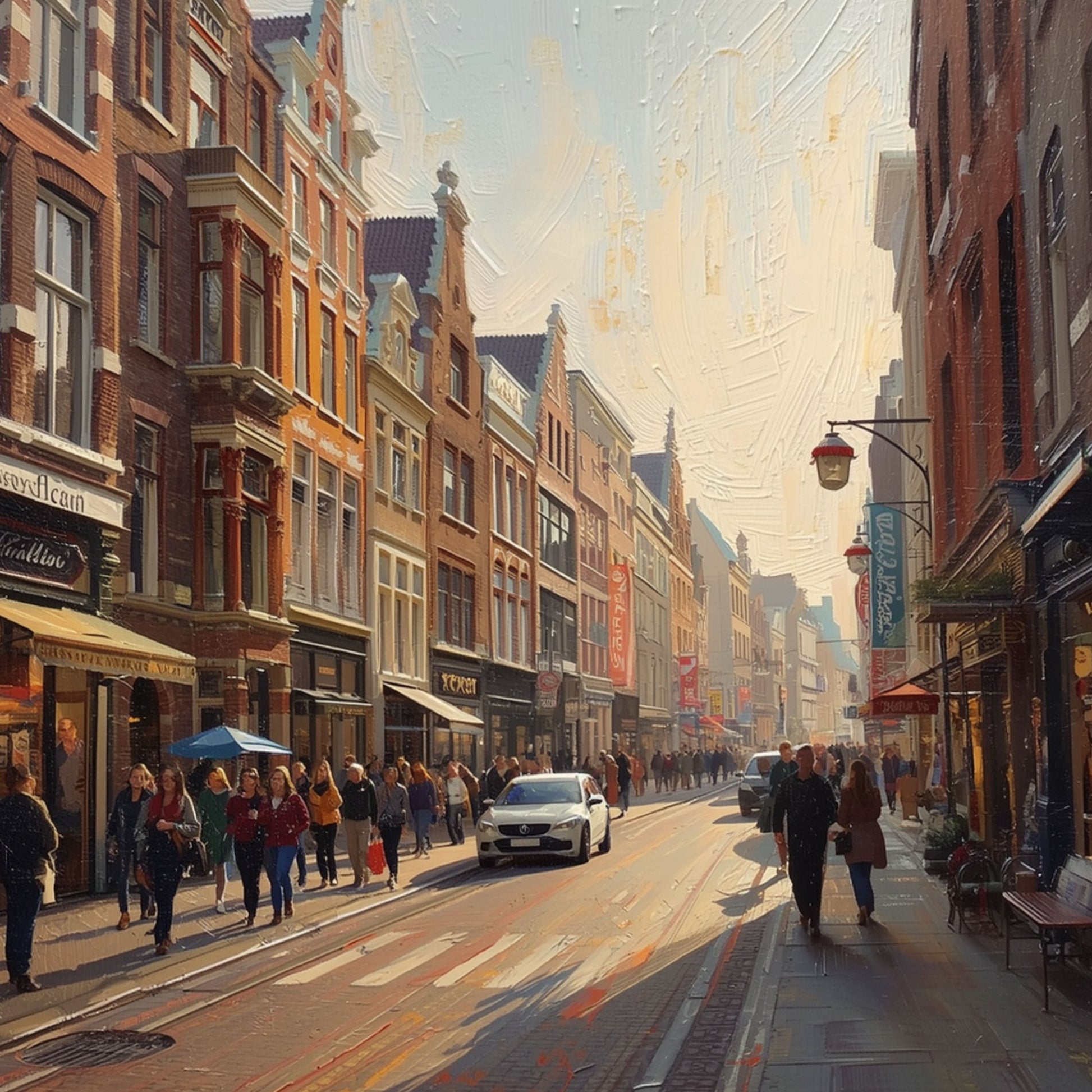 Schilderij van een drukke Groningse winkelstraat met hoge bakstenen gevels, voetgangers en warm gouden daglicht – olieverf stads wall art print
