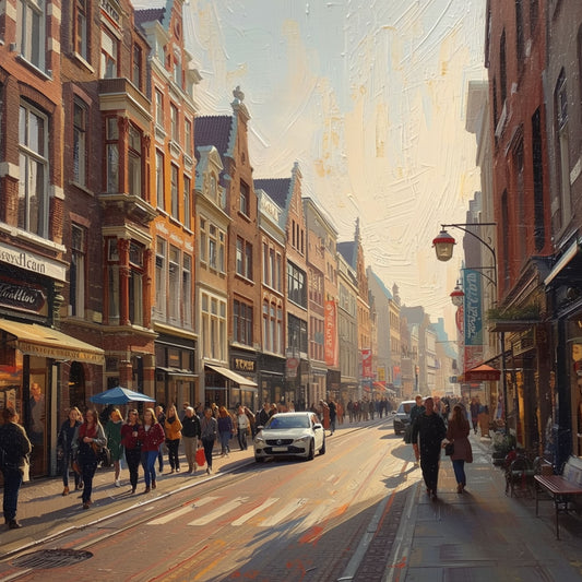 Schilderij van een drukke Groningse winkelstraat met hoge bakstenen gevels, voetgangers en warm gouden daglicht – olieverf stads wall art print
