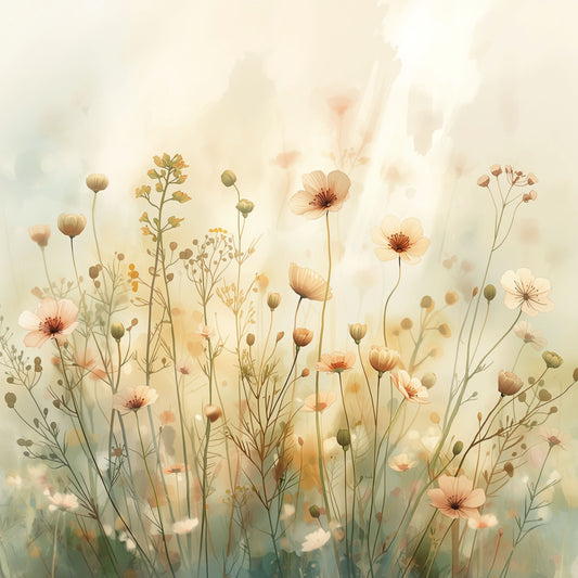 Schilderij van tere wilde bloemen in zachtroze en warme beige tinten in dromerige aquarelstijl – bloemen wall art print
