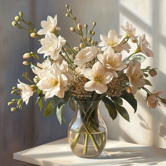 Schilderij van een weelderig boeket roomwitte bloemen in een glazen vaas met zacht natuurlijk zijlicht – elegante bloemenstilleven wall art print

