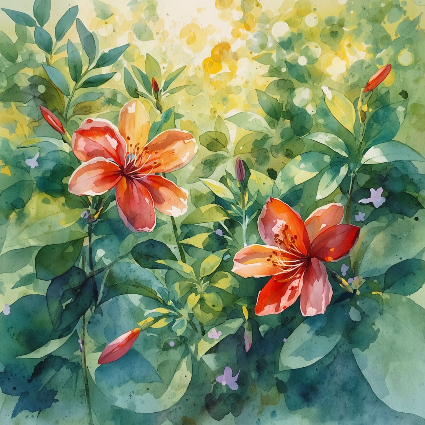 Aquarel schilderij van drie vurig oranje hibiscusbloemen die zich ontvouwen in een zee van weelderig groen blad – tropisch bloemen wall art print
