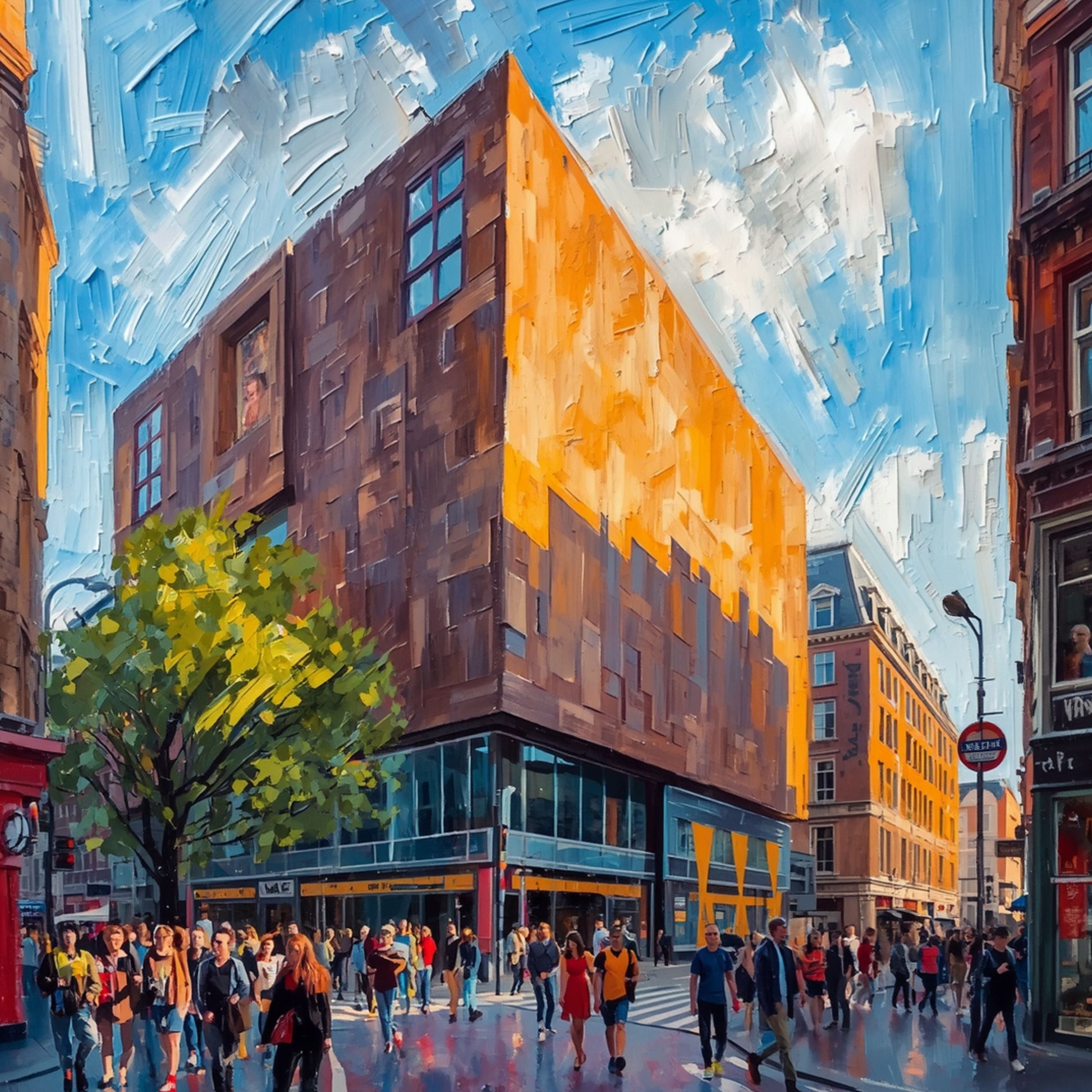Schilderij van gedurfd modern gebouw in vurig oranje gloed met organische gevelvorm en drukke straat met voetgangers in Eindhoven – architectuur wall art print
